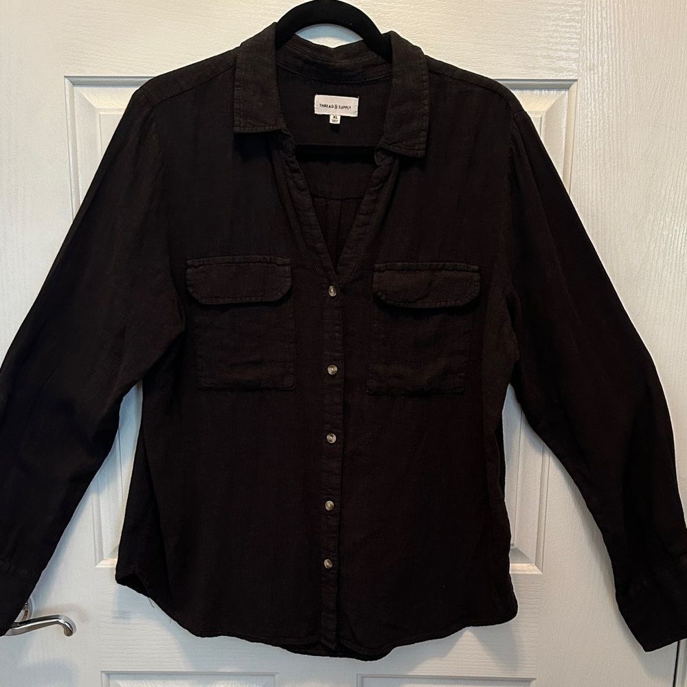 Thread & Supply Black Linen Blend Button-Down Shirt Front Pockets Size XL